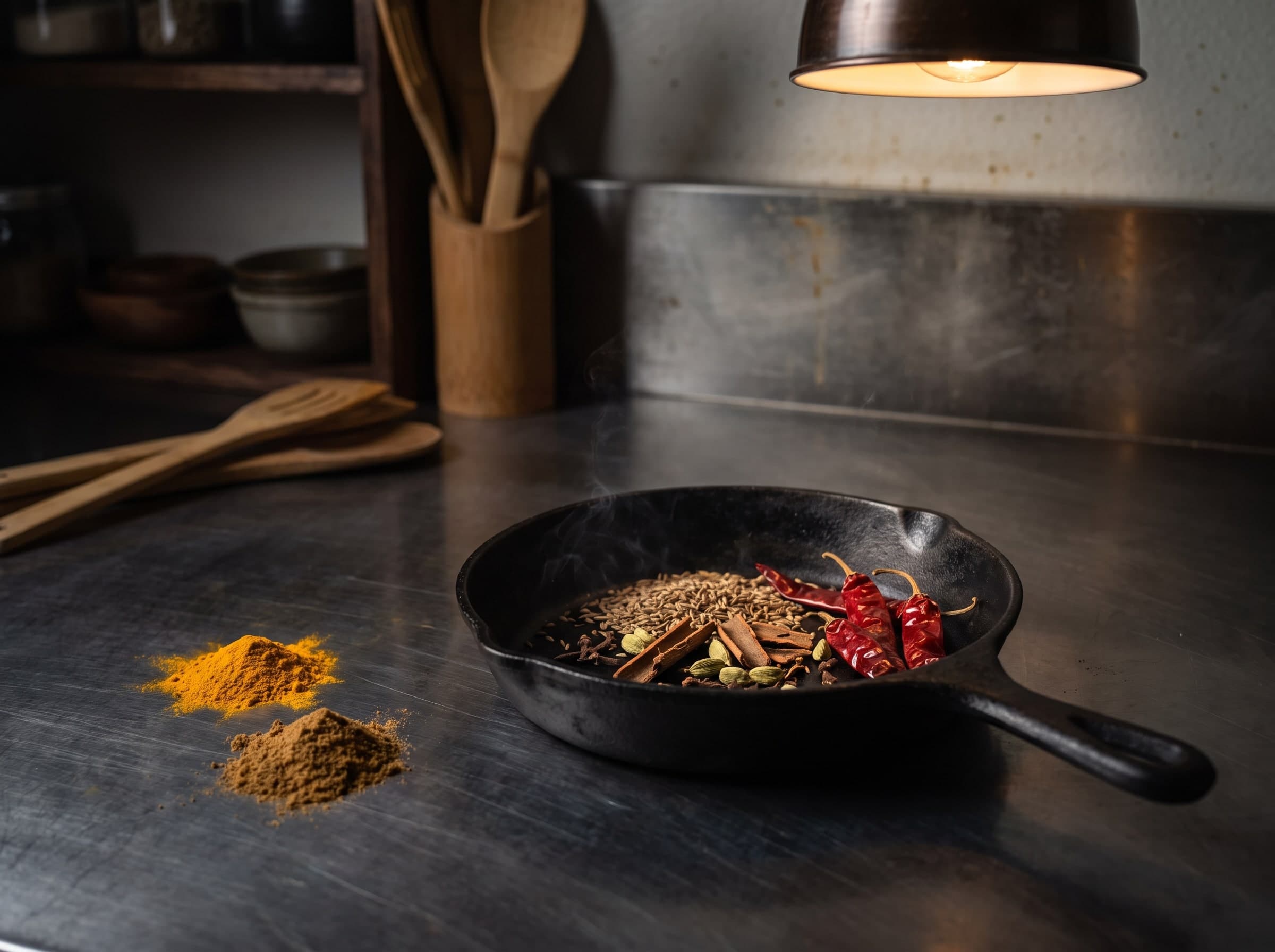 Kreuzkümmel, Kardamom, Zimtstangen und getrocknete Chilis in einer gusseisernen Pfanne, daneben Häufchen Kurkuma und braunes Gewürzpulver