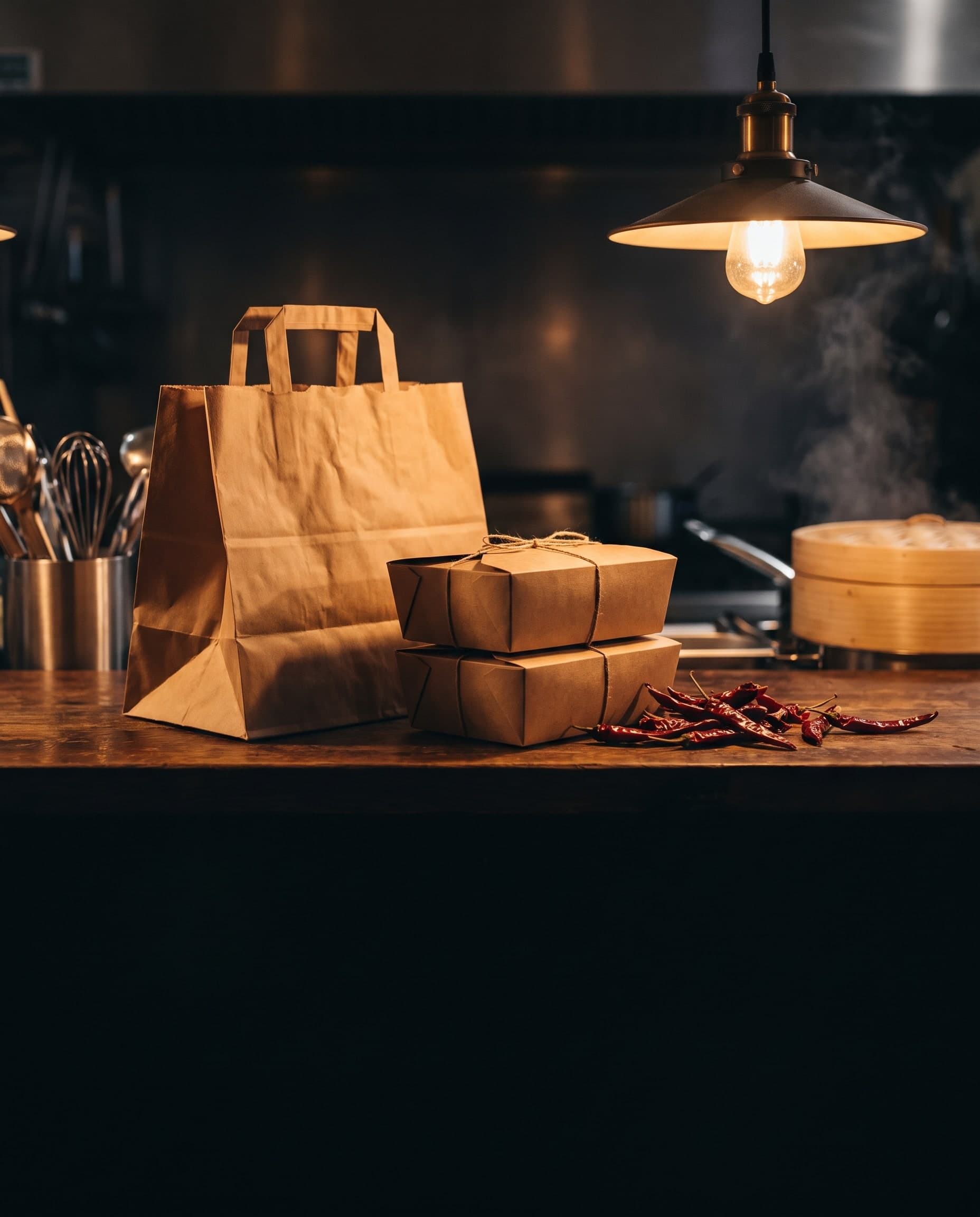 Papiertüte und Take-away-Boxen auf einer dunklen Holztheke im Abendlicht, daneben getrocknete Chilis