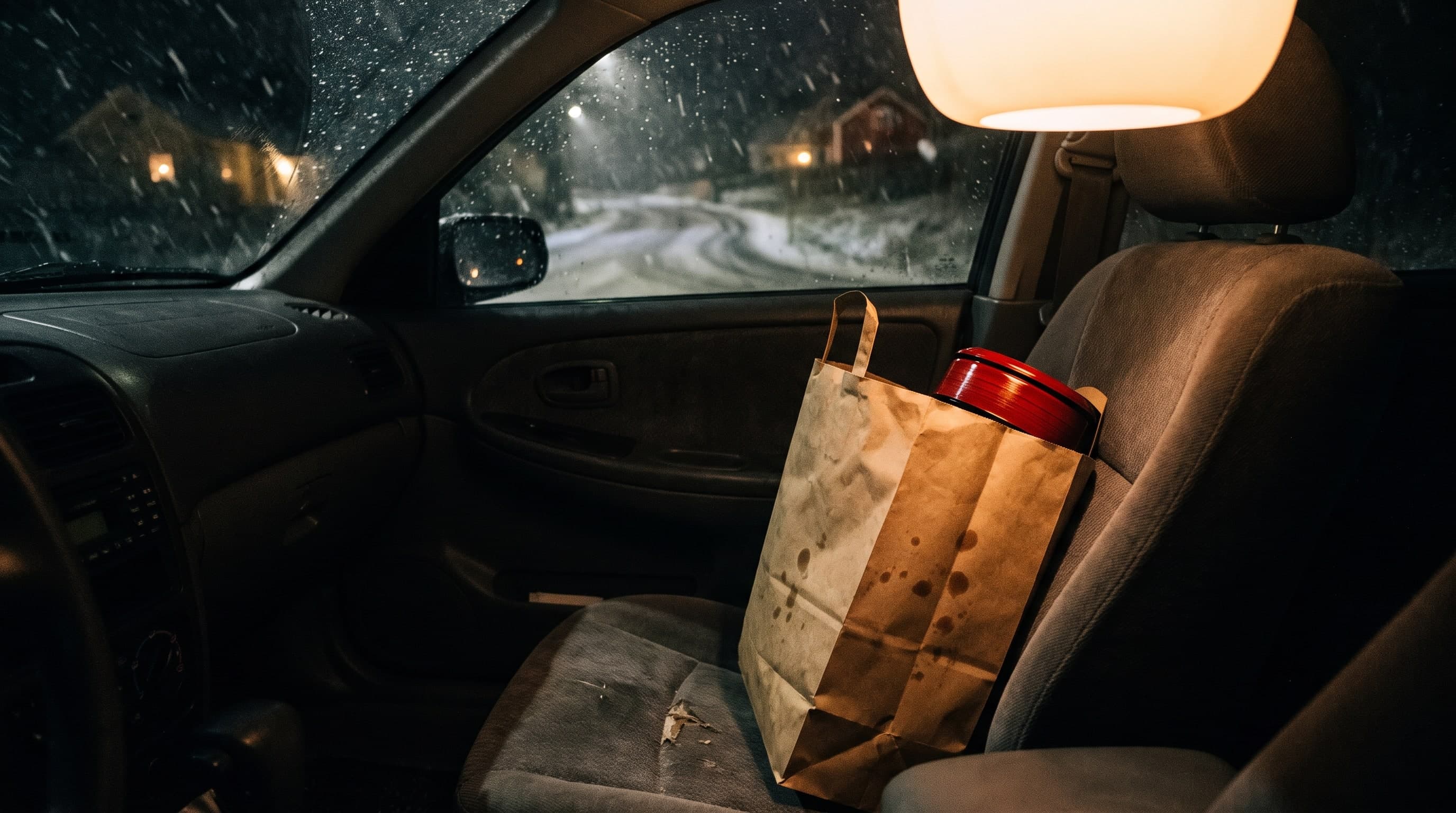 Papiertüte mit Essen auf dem Beifahrersitz eines Autos, draussen fällt Schnee auf eine Landstrasse