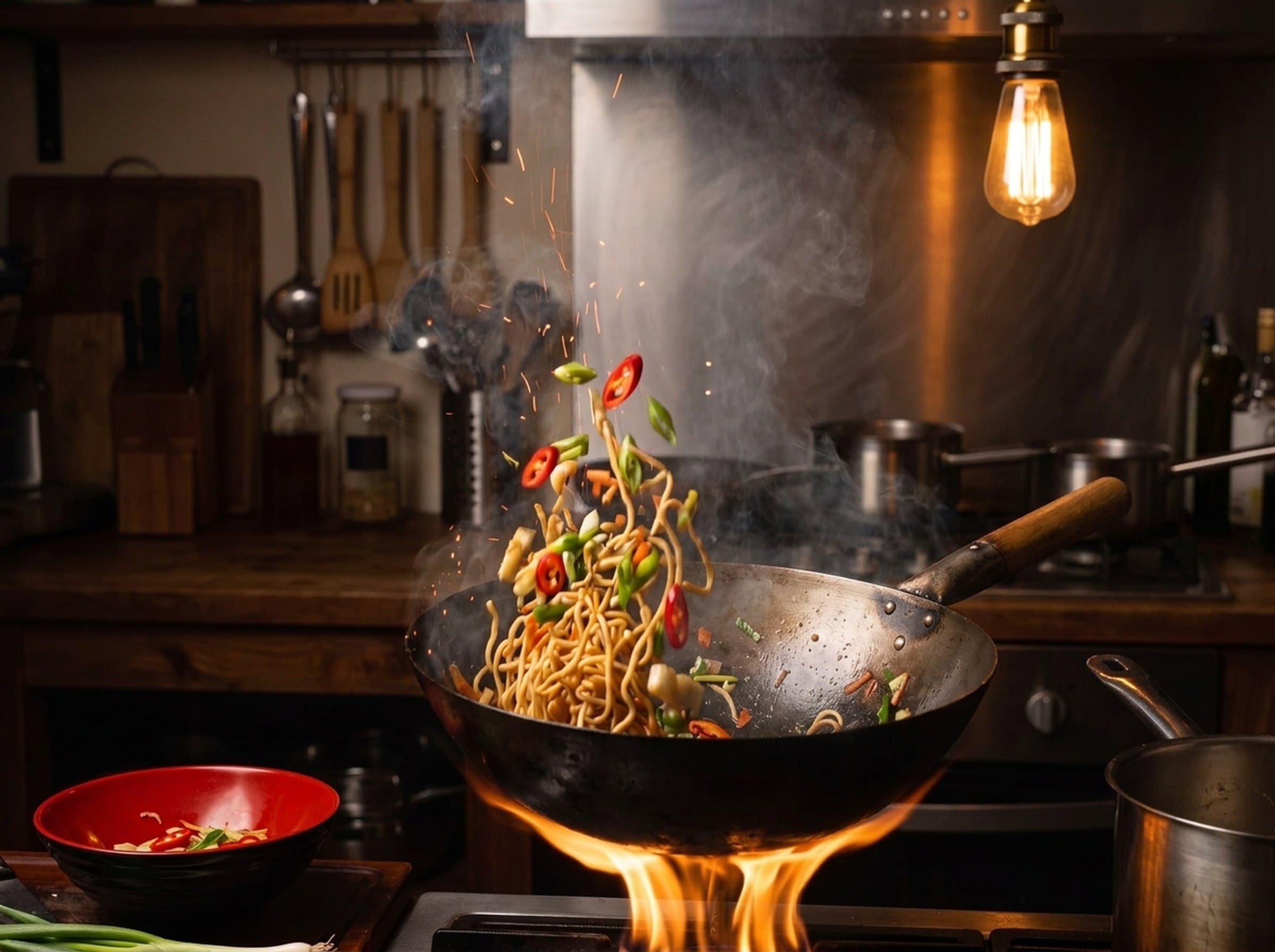 Nudeln mit Gemüse und roten Chilis werden im schwarzen Wok über hoher Flamme geschwenkt